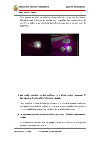 UNIVERSIDAD NACIONAL DE INGENIER AÍ FACULTAD DE INGENIER AÍ
CIVIL
Dpto. de Hidr ulica e Hidrolog aá í
Sí es posible apreciar las líneas del flujo uniforme, ya que con los objetos
hidrodinámicos (regiones de estelas muy pequeñas) las características de
arrastre se deben a las fuerzas tangenciales viscosas que se ejercen sobre la
superficie.
2. ¿Es posible visualizar un flujo uniforme en la Mesa Laminar? ¿Porque? Si
fuera posible describa el procedimiento a seguir.
Sí es posible y se hace de la siguiente manera: se nivela la mesa de modo que
no haya ninguna burbuja, se llena la cámara de agua a una velocidad constante
y se inyecta la tinta fuorescente mediante las agujas hipodérmicas.
3. Se puede ver el patrón de flujo alrededor de Cuerpos Cilíndricos en la Mesa de
Stokes.
Sí, mediante el colorante que se agrega se hace más sencillo ver el flujo que
generan los diferentes cuerpos.
MEC NICA DE FLUIDOSÁ 2DO INFORME DE LABORATORIO
 