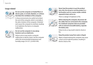 Appendix
111
Never heat the product or put the product
into a fire. Do not put or use the product in a
hot location such as a sauna, inside a vehicle
exposed to heat, and so on.
There is a danger of explosion or fire.
Before cleaning the computer, disconnect all
the cables that are connected to the computer.
For notebook computers that are provided
with an external removable battery, separate
the battery also.
Failure to do so may result in electric shock or
fire.
Keep the product away from water or liquid.
Water or liquid entering the computer may cause
a short circuit inside the product, resulting in
electric shock or fire.
Usage related
Do not use the computer on heated floors or
electric pads, or on beds, blankets, or cushions
that block the ventilation of the computer.
In these environments, be careful not to block
the vent of the computer, which is normally at
the side or bottom of the computer. A blocked
vent causes the computer to overheat, resulting
in an explosion, fire, burns, or computer
malfunction.
Do not use the computer in very damp
locations such as a bathroom.
Failure to do so may result in computer
malfunction or electric shock. Use the computer
within the recommended temperature and
humidity range (10–35 °C, 20–80 % RH).
 