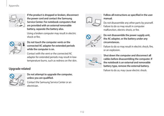 Appendix
112
Follow all instructions as specified in the user
manual.
Do not disassemble any other parts by yourself.
Failure to do so may result in computer
malfunction, electric shock, or fire.
Do not disassemble the power supply unit,
the AC adapter, or the battery under any
circumstances.
Failure to do so may result in electric shock, fire,
or an explosion.
Shut down the computer and disconnect all
cables before disassembling the computer. If
the notebook is an external and removable
battery type, remove the external battery.
Failure to do so, may cause electric shock.
If the product is dropped or broken, disconnect
the power cord and contact the Samsung
Service Center. For notebook computers that
are provided with an external removable
battery, separate the battery also.
Using a broken computer may result in electric
shock or fire.
Do not touch the computer vents or the
connected AC adapter for extended periods
while the computer is on.
Contact with the vent or the connected AC
adapter for extended periods may result in low-
temperature burns, such as redness on the skin.
Upgrade related
Do not attempt to upgrade the computer,
unless you are qualified.
Contact the Samsung Service Center or an
electrician.
 