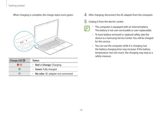 Getting started
14
4 After charging, disconnect the AC adapter from the computer.
5 Unplug it from the electric socket.
• This computer is equipped with an internal battery.
The battery is not user-serviceable or user-replaceable.
• To have battery removed or replaced safely, take the
device to a Samsung Service Center.You will be charged
for this service.
• You can use the computer while it is charging, but
the battery charging time may increase. If the battery
temperature rises too much, the charging may stop as a
safety measure.
When charging is complete, the charge status turns green.
Charge LED Status
• Red or Orange: Charging
• Green: Fully charged
• No color: AC adapter not connected
 
