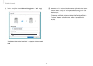 Troubleshooting
94
5 After the data is saved to another drive, open the cover at the
bottom of the computer and replace the existing drive with
the new one.
If the cover is difficult to open, contact the Samsung Service
Center to request assistance.You will be charged for this
service.
4 Select an option under Disk recovery point → Disk copy.
The data on the current hard disk is copied to the new hard
disk.
 