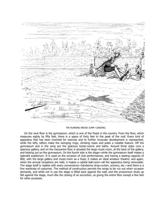 THE RUNNING BROAD JUMP—LANDING.
On the next floor is the gymnasium, which is one of the finest in the country. From the floor, which
measures eighty by fifty feet, there is a space of forty feet to the peak of the roof. Every kind of
apparatus that has been invented for exercise and to further muscular development is represented,
while the lofty rafters make the swinging rings, climbing ropes and poles a notable feature. Off the
gymnasium and in the wing are the spacious locker-rooms and baths. Around three sides runs a
spacious gallery, and on the mezzanine floor is situated the large music-room, at the back of the gallery,
and looking out on the gymnasium. On the fourth side is the stage—while the gymnasium itself makes a
splendid auditorium. It is used on the occasion of club performances, and having a seating capacity of
800, with the large gallery and music-room as a foyer, it makes an ideal amateur theatre; and again,
when the annual receptions are held, it makes a capital ball-room—all the apparatus being removable.
The stage itself is replete with every convenience—handsome drop-curtain, scenery, etc.—and there is a
fine wardrobe of costumes. The method of construction permits the wings to be run out when occasion
demands, and while not in use the stage is lifted back against the wall, and the proscenium shuts up
flat against the stage, much like the closing of an accordion, so giving the entire floor except a few feet
for other purposes.
 