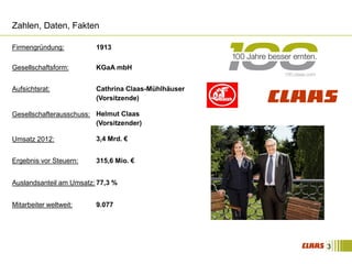 3 
Zahlen, Daten, Fakten 
Firmengründung: 
Gesellschaftsform: 
Aufsichtsrat: 
Gesellschafterausschuss: 
Umsatz 2012: 
Ergebnis vor Steuern: 
Auslandsanteil am Umsatz: 
Mitarbeiter weltweit: 
1913 
KGaA mbH 
Cathrina Claas-Mühlhäuser 
(Vorsitzende) 
Helmut Claas 
(Vorsitzender) 
3,4 Mrd. € 
315,6 Mio. € 
77,3 % 
9.077 
 
