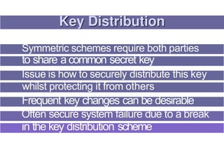 Symmetric schemes require both parties
to share a common secret key
Issue is how to securely distribute this key
whilst protecting it from others
Frequent key changes can be desirable
Often secure system failure due to a break
in the key distribution scheme
 