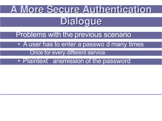 Problems with the previous scenario
• A user has to enter a passwo d many times
Once for every different service
• Plaintext ansmission of the password
 