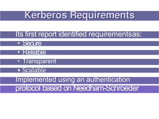 Its first report identified requirementsas:
• Secure
• Reliable
• Transparent
• Scalable
Implemented using an authentication
protocol based on Needham-Schroeder
 
