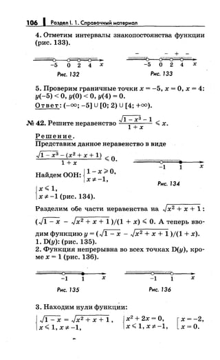 106 1 Раздел 1. 1. Сnравочный материал
4. Отметим интервалы знакопостоянства функции
(рис. 133).
~
-5 о 2 4 х
Рнс. 132
- + -
~
-5 о 2 4 х
Рнс. 133
5. Проверим граничные точки х = -5, х = О, х = 4:
у(-5) <О, у(О) <О, у(4) =О.
Ответ:(-=; -5] U [О; 2) U [4; +=).
J1- х3 - 1
М 42. Решите неравенство
1 + х ~ х.
Решение.
Представим данное неравенство в виде
J1- х3 - (х2 + х + 1)
1 + х ~о.
Найдем ООН: {1 - х
1;;;;. О,
х "#- '
{
х ~ 1,
х "# -1 (рис. 134).
W/////////////////бJ"W~щ;Whш'//rщ;//'//,"1• . . _ - -...-....
-1 1 х
Рнс. 134
Разделим обе части неравенства на Jх2 + х + 1 :
(~ - Jx2 + х + 1 )/(1 + х) ~О. А теперь вво-
димфункцию у=(~ - Jx2 + х + 1 )/(1 + х).
1. D(y): (рис. 135).
2. Функция непрерывна во всех точках D(y), кро­
ме х = 1 (рис. 136).
~///////////////////(J/.fo"''//h""'Wh""''//h""'Wr:"t• . . _ - -...-
-1 1 х
~
-1 1 х
Рнс. 135 Рнс. 136
3. Находим нули функцИи:
{
~ = Jx2 + х + 1, {х2
+ 2х =О,
x~1,x-::F--1, x~1,x-::F--1, [
х = -2,
х=О.
 