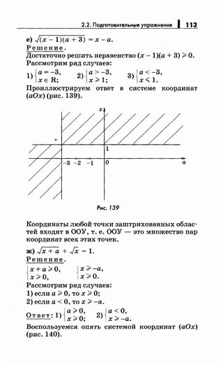 2.2. Подготовительные упражнения 1 113
е) J(x- 1)(а + 3) =х-а.
Решение.
Достаточно решить неравенство (х -1)(а + 3) >О.
Рассмотрим ряд случаев:
1) {а= -3, 2) {а> -3, 3) {а< -3,
xER; х>1; х<1.
Проиллюстрируем ответ в системе :координат
(аОх) (рис. 139).
х
а
Рис. 139
Координаты любой точки заштрихованных облас­
тей входят в ООУ, т. е. ООУ- это множествопар
:координат всех этих точек.
ж) Jx +а + JX = 1.
Решение.
{
х+а >О,
х >О,
{
х >-а,
х>О.
Рассмотрим ряд случаев:
1) если а> О, то х >О;
2) если а < О, то х >-а.
{ а> О, {а< О,
Ответ: 1) х>О; 2) х>-а.
Воспользуемся опять системой :координат (аОх)
(рис. 140).
 