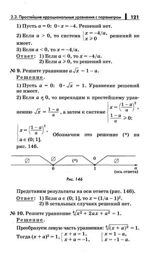 2.3. Простейшие иррациональные уравнения с параметром 1 121
1) Пусть а= 0: О· х = -4. Решений нет.
{
х = -4/а
2) Если а > О, то система х ;:;;,
0
' решений не
имеет.
3) Если а< О, то х = -4/а.
Ответ: 1) Если а< О, то х = -4ja.
2) Если а;:;;, О, то решений нет.
М 9. Реши~е уравнение а JX = 1 - а.
Решение.
1) Пусть а = 0: О· JX = 1. Уравнение решений
не имеет.
2) Если а ~О, то переходим к простейшему урав-
1 а 1х = (!.=.!!)
2
,
нению JX = --- , а затем к системе а
а 1-а
--;;,о:
а
х- --_(1- а)
2
а ' Обозначим это решение (*) на
а Е (О; 1].
рис. 146.
0
~о
(*)
~ 0 ..
1 а
(ось ответа)
Рис. 146
Представим результаты на оси ответа (рис. 146).
О т в е т : 1) Если а Е (О; 1], то х = ( 1j а - 1)2 •
2) В остальных случаях решений нет.
М 10. Решите уравнение 1/х2 + 2ах + а2 = 1.
Решение.
Прообразуемлевую часть уравнения: 1/(х + а)2 = 1.
т ( + )2 1 [ х +а= 1, [ х = 1- а,
огда х а = ' х+а=-1, х=-1-а.
 