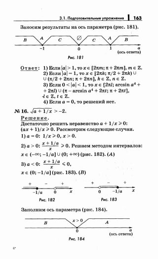 3.1. Подготовительные упражнения 1 163
Заносим результаты на ось параметра (рис. 181).
в
~ с
~ с
~ в
•-1 о 1 а
(ось ответа)
Рис. 181
Ответ: 1) Если ial> 1, то х Е [27tm; 1t+ 27tm], т Е Z.
2) Если lal = 1, то х Е [27th; 7t/2 +27th) U
U (7t/2 + 27tn; 1t + 21tn], k Е Z, n Е Z.
3) Если О< iai < 1, то х Е [27tl; arcsin а4
+
+ 27tl) u (7t- arcsin а4
+ 27tt; 1t + 21tt],
...[Е Z, t Е Z.
4) Если а= О, то решений нет.
М 16. Ja + 1/х > -2.
в·
Решение.
Достаточно решить неравенство а+ 1/х >0:
(ах+ 1)/х >О. Рассмотрим следующие случаи.
1) а= 0: 1jx >О, х >О.
х+ 1/а
2) а > 0: >О. Решаем методом интервалов:
х
х Е (-оо; -1/а] U (О; +оо) (рис. 182). (А)
3)а<О: x+l/a <О,
х
х Е. (О; -1/а] (рис. 183). (В)
+ +
....<'l«"""'/""Y'//""://-""P/...1------<~ff/Ш////(..,
-1/а о х
Рис. 182
+ +
---<&////////////////. •
О -1/а х
Рис. 183
Заполним ось параметра (рис. 184).
в
о
Рис. 184
А
а
(ось ответа)
 