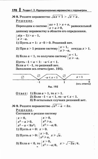 170 1 Раздел 1. 3. Иррациональные неравенства с параметром
М 8. Решитенеравенство Jax + 1 > Jx +а.
Решение.
{
ах+ 1 > х +а ~
Переходим к системе ....._
0
' равносильпои
х+а""' ,
данномунеравенству в области его определения.
{
х(а -1) >а -1,
х>-а.
1) Пусть а= 1: х ·О> О. Решений нет.
2) При а> 1 решим систему ....._ ' откудах > 1.{
х> 1
Х7'-а,
3) Если а < 1, то получим систему ....._ '{
х< 1
Х7'-а.
Пусть -1 < а < 1: -а <х < 1.
Если а <-1, то решений нет.
Заполним ось ответа (рис. 195).
~а~х<~
-1 1
Рис. 195
О т в е т : 1) Если а > 1, то х > 1.
х>1
а
(ось ответа)
2) Если -1 < а < 1, то -а <х < 1.
3) В остальных случаях решений нет.
М 9. Решитенеравенство Jx2 - а< 3х.
Решение.
Составим и решим систему
х >О, jx >О,
х2
-а >О, х2
>а,
х2 - а < 9х2 ; х2
> -а/8.
1) Пусть а= 0: х >О.
о {
х >о, г:
2)Пустьа>: 2 :;;, х>л.~а.
х ra,
{
х>О
3)Еслиа<О,то 2 '
18
x>J-2aj4.
... х >-а ,
 