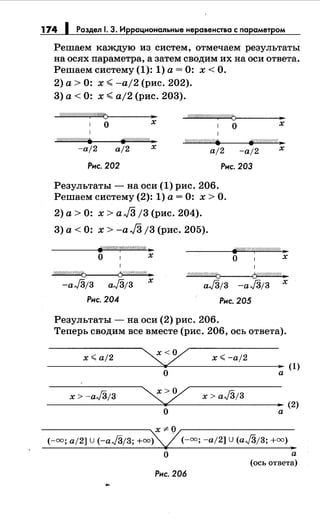 174 1 Раздел 1. 3. Иррациональные неравенства с nараметром
Решаем каждую из систем, отмечаем результаты
на осях параметра, а затем сводим их на оси ответа.
Решаем систему (1): 1) а= 0: х <О.
2) а > 0: х <-а/2 (рис. 202).
3) а < 0: х <а/2 (рис. 203).
УШ/////////////(///Шf:J>----~----
0 х
(////////////RI((/Л//fJ)-------;,..,_
о
%'///////////////. fjP!////!///4 .. W//-1"//////////..
-а/2 а/2 х aj2 -а/2
Рис. 202 Рис. 203
Результаты- на оси (1) рис. 206.
Решаем систему (2): 1) а= 0: х >О.
2) а> 0: х > аJЗ /3 (рис. 204).
3) а < 0: х > -а J3 /3 (рис. 205).
х
х
(р////////(/////4/ШЛ;"
о 1 х
fp.'///////1.'(///////////A 31
о 1 х
?'(ff!/(:/#/////6>------<CfY#!/!/1///(:31
-аJЗ;з аJЗ;з х
W!/1//W!///б>-----<CY«Ш//ff/{,•
аJЗ;з -аJЗ;з х
Рис. 204 Рис. 205
Результаты - на оси (2) рис. 206.
Теперь сводим все вместе (рис. 206, ось ответа).
х ~ а/2
~ х ~ -а/2
..
о а
х> -аJЗ;з
~ х> аJЗ;з
"о а
(1)
(2)
-----------,.х 7' () ~----------
(-оо; а/2] u (-аJЗ;з; +оо) (-оо; -а/2] u (аJЗ;з; +оо)
О а
(ось ответа)
Рис. 206
...
 