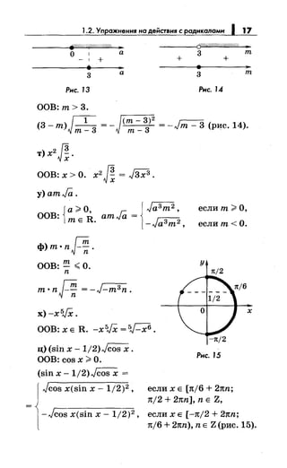 1.2. Упражнения на действия с радикалами 1 17
~////////(f'///////////4
• (j'/.'1/////#/////////////
•
о 1 а 3 т
- 1 + + +
3 а
3 т
Рис. 13 Рис. 1.4
ООВ:т>3.
J(т - 3)
2
г:::::---;;(3-т) - - =- =-л.~т-3 (рис.14).
т-3
т)х2J!.
ООВ:х>О. x2 J! = J3хз.
у)атJа.
i
а >О, Jа3т2,
ООВ: тЕ R. атJа =
-Jа3т2'
если т> О,
еслит<О.
ф) т •n {-!й.
ООВ: т <О.
n
т·п{-!й =-J-т3п.
х) -хБJХ.
у
1t/2
ООВ: х Е R. -хБJХ = 5J-x6.
ц) (sin х- 1/2)Jcos х.
ООВ: cos х >О.
(sin х- 1/2)JC0sX =
{
Jcos x(sin х - 1/2)2,
= -Jcos x(sin х- 1/2)2,
Рис. 15
если х Е [n/6 + 2nn;
n/2 + 2nn], n Е Z,
если х Е [-n/2 + 2пп;
n/6 + 2nn), n Е Z (рис. 15).
 
