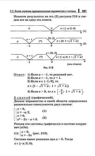 3.3. Более сложные иррациональныенеравенства и системы 1 181
Нанесем результаты на ось (2) рисунка 218 и све­
дем все на одну ось ответа.
~ х Е [-а/2; О)
----------------------~~0~--------------~~ (1)
е5 ~ (*)
~0;2у
-~ХЕ [0; 1 +Jl +а)
о ~ (2)
-1
"....--__;;х Е [О; 2),---------
0 ~ (*) ~Е [-а/2; 1 +JI+li] •
-1 О а
(ось ответа)
Рис. 218
О т в е т: 1) Если а < -1, то решений нет.
2) Если а = -1, то х = 1.
3) Если а Е (-1; 0], то
х Е [1 - J1 + а ; 1 + J1+lz ].
4) Если а> О, то х Е [ -~; 1 + J1+lz J.
2 сп о с о б (графический).
Данное неравенство в своей области определения
равносильно совокупности двух систем:
х >-а/2,
х>О,
l{
х <о,
{ х2 - 2х-а,;:;; О.
(1)
(2)
Решим эти системы графически в системе коорди­
нат (хОа).
(1): {х ~ 0
2
• (рис. 219).
ar- х
Система имеет решения при а > О. Тогда
х Е [ -а/2; 0).
 