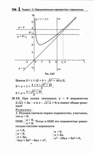 196 1 Раздел 1. 3. Иррациональныенеравенства с параметром
у
у= t + 1/t
5
у=4 4
2
1
1 2 3 t
Рнс. 242
Имеем 3 <t <(2 + Ь + Jь2 + 4Ь )/2,
3 .:;::: + 1 .:;::: 2 + Ь +Jb2
+ 4Ь
""'х "" 2 '
2 .:;::: .:;::: Ь +Jb2
+ 4Ь
""'х"" 2 .
М 13. При каких значениях а < О неравенства
2J(iX <3а- х их- Jxja;;;. 6ja имеют общие реше­
ния?
Решение.
1. Решаем сначала первое неравенство, учитывая,
что а< О.
{
а<О
ООН: .:;:::
0
• Тогда в ООН это неравенство равно-
х"" .
сильно системе неравенств
х<О,
а< О,
х<3а,
4ах <9а2
- бах+ х2
,
а<О,
х< 3а,
х2-1Оах+9а2>О,
 