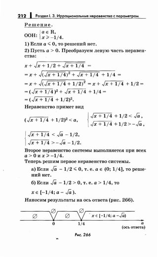212 1 Раздел 1. 3. Иррациональныенеравенства с параметром
Решение.
j а Е R,
ООН: 1х >-1/4.
1) Если а <О, то решений нет.
2) Пусть а > О. Преобразуем левую часть неравен­
ства:
х + Jx + 1/2 + Jx + 1/4 =
=x+JcJx+1/4)2
+Jx+1/4 +1/4 =
= х + JcJx + 1/4 + 1/2)2
= х + Jx + 1/4 + 1/2 =
= ( Jх + 114 )2 + Jх + 114 + 114 =
= (Jx + 1/4 + 1/2)2•
Неравенство примет вид
(Jx + 1/4 + 1/2)2 <а,
Jx + 1/4 < Ja -1/2,
Jx + 1/4 >-Ja -1/2.
Jx+1/4+1/2<Ja,
Jx+ 1/4 +1/2>-Ja,
Второе неравенство системы выполняется при всех
а>Оих>-1/4.
Теперь решим первое неравенство системы.
а) Если Ja - 1/2 <О, т. е. а Е (О; 1/4], то реше­
ний нет.
б) Если Ja - 1/2 >О, т. е. а> 1/4, то
ХЕ [-1j4;a- Ja).
Наносим результаты на ось ответа (рис. 266).
о
1~ - х Е [-1/4; а -Jli)
..1/4
Рис. 266
а
(ось ответа)
 
