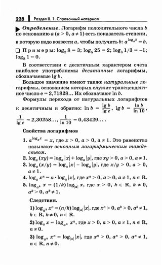 228 1 Раздел 11. 1. Справочный материал
.... Определение. Логарифм положительного числа Ь
по основанию а (а> О, а t:. 1) есть показатель степени,
в которую надо возвести а, чтобы получить Ь: a10
gab = Ь.
О Пр и меры: log2 8 = 3; log5 25 = 2; log3 1/3 = -1;
log8 1 =о.
В соответствии с десятичным характером счета
наиболее употребляемы десятичные логарифмы,
обозначаемые lg Ь.
Большое значение имеют также натуральные ло­
гарифмы, основанием которых служит трансцендент­
ное число е= 2, 71828... Их обозначают ln Ь.
Формулы перехода от натуральных логарифмов
. _ lg Ь _ ln Ь
к десятичным и обратно. ln Ь - lg е, lg Ь - ln 10 ,
1 1
lg е = 2,30258..., ln 10
= 0,43429....
Свойства логарифмов
1. a10
gax = х, где х >О, а> О, а -:f:. 1. Это равенство
называют основным логарифмическим тожде­
ством.
2. loga (ху) = loga /х/ + loga /у/, где ху >О, а> О, а t:.1.
3. loga (х/у) = loga х - loga у, где xjy > О, а > О,
at:.1.
4.loga xn = n ·loga х/, где xn >О, а> О, а 7:1, n Е R.
5. logak х = (1/k) loglal х, где х > О, k Е R, k -:f:. О,
ak>O,ak7:1.
Следствия.
1) logak xn = (n/k) loglalx, где xn >О, ak >О, ak 7:1,
k Е R, k 7: О, n Е R.
2) loga х = logan xn, где х > О, а > О, а 7: 1, n Е R,
nt:.O.
3) logan xn = loglallxl, где xn >о, an >о, an 7: 1,
nE R, n-:f:.O.
 