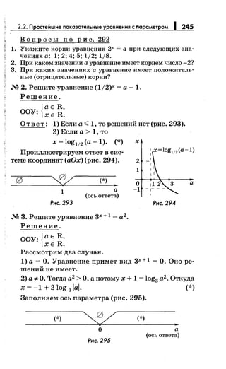 2.2. Простейшие показательные уравнения сl'tораметром 1 245
Вопросы по рис. 292
1. Укажите корни уравнения 2х =а при следующих зна­
чениях а: 1; 2; 4; 5; 1/2; 1/8.
2. При каком значении а уравнение имеет корнем число -2?
3. При каких значениях а уравнение имеет положитель­
ные (отрицательные) корни?
i М 2. Решите уравнение (1/2)Х =а- 1.
Решение.
{
а Е R,
ООУ: ХЕ R.
Ответ: 1) Если а.;;; 1, то решений нет (рис. 293).
2)Еслиа>1,то
х = log112 (а- 1). (*) х
Проиллюстрируем ответ в сис­
теме координат (аОх) (рис. 294).
' x=log112(a-1)
1
g
~ (*)
'"
1 а
(ось ответа)
Рнс. 293
М 3. Решите уравнение 3х + 1 = а2.
Решение.
ООУ: Jа Е R,
1хЕ R.
Рассмотрим два случая.
2 -
1
о
-1
а
Рнс. 294
1) а = О. Уравнение примет вид gx + 1 = О. Оно ре­
шений не имеет.
2) а -:t О. Тогда а2
> О, а потому х + 1 = log3 а2
• Откуда
x=-1+2log 3 jaj. (*)
Заполняем ось параметра (рис. 295).
о
Рнс. 295
(*)
'"а
(ось ответа)
 