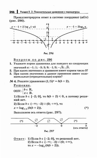 246 1 Раздел 11. 2. Показательные уравнения с nараметром
Проиллюстрируем ответ в системе координат (аОх)
(рис. 296).
х
х = -1 + 2 log 3 (-а)
456789а
Рис. 296
в опросы по рис. 296
1. Укажите корни уравнения для каждого из следующих
значений а: -1; 1; -3; 3; 9; -1/3; -л/3; JЗ.
2. При каких значениях а уравнение имеет корнем число 3?
3. При каких значениях а данное уравнение имеет поло­
жительные (отрицательные) корни? ·
М 4. Решите уравнение (1/5)х = Ь(Ь + 2).
Решение.
ООУ: {ЬЕ R,
ХЕ R.
1) Если Ь Е [-2; 0], то Ь(Ь + 2) ~О, а потому реше­
ний нет.
2) Если Ь Е (-=; -2) U (О;+=), то
х = log115 (Ь(Ь + 2)). (*)
Заполняем ось ответа (рис. 297).
(*)
~ g
~ (*)
..-2 о ь
(ось ответа)
Рис. 297
Ответ: 1) Если Ь Е [-2; 0], то решений нет.
2) Если Ь Е (-=; -2) U (О;+=),
то х = -log5 (Ь(Ь + 2)).
 