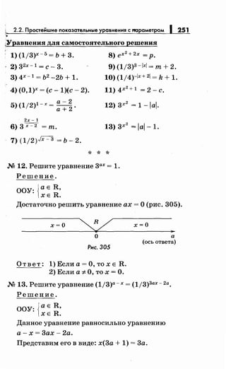 ';.. 2.2. Простейшие показательные уравнения с l'lараметром 1 251
-~
,Уравнения для самостоятельного решения
1)(1/3)Х-5=Ь+3. 8)ех
2
+2х =р.
2) 32х- 1 = С - 3.
3)4х- 1
=Ь2 -2Ь+1.
9) (1/3)3-lxl =т+ 2.
10) (1/4)-lx+ 21 = k + 1.
4) (0,1)х =(с- 1)(с- 2). 11) 4Х
2
+ 1 = 2- С.
5)(1/2)1-х =:~;. 12) 3Х
2
= 1 -lal.
2х- 1
6) 3 х- 2 =т. 13) 3Х
2
= lal- 1.
7) (1/2),Jx- 3 = Ь- 2.
* * *
М 12. Решите уравнение 3ах = 1.
Решение.
ООУ: {аЕ R,
ХЕ R.
Достаточно решить уравнение ах = О (рис. 305).
х=О
о
Рис. 305
Ответ: 1)Еслиа=О,тохЕ R.
2) Если а =1:- О, то -х =О.
х=О
а
(ось ответа)
М 13. Решите уравнение (1/3)а-х = (1/3)3ах-2а.
Решение.
ООУ: {аЕ R,
ХЕ R.
Данное уравнение равносильно уравнению
а - х = 3ах - 2а.
Представим его в виде: х(3а + 1) = 3а.
 