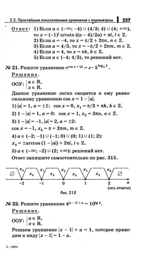 257
От в е т: 1) Если а Е (-оо; -4) U (4/3; 4) U (4; +оо),
то х = (-1)1 arcsin ((а- 4)/2а) + тtl, l Е Z.
2) Если а= -4, то х = тt/2 + 2тtn, n Е Z.
3) Если а =А/3, то х = -тt/2 + 2тtm, т Е Z.
4) Если а = 4, то х = тtk, k Е Z.
5) Если а Е (-4; 4/3), то решений нет.
М 21. Решите уравнение ecos х + ial =е· 5Iogзl.
Решение.
ООУ: {а Е R,
ХЕ R.
Данное уравнение легко сводится к ему равно­
сильному уравнению cos х = 1-а.
1) lal = 1, а= ±1: cos х =О, х1 = тt/2 + тtk, k Е Z.
2) 1 -lal = 1, а= О: cos х = 1, х2 = 2тtn, n Е Z.
3) 1-а = -1, а= 2, а= ±2:
COS Х = -1, х3 = 1t + 2тtm, m Е Z.
4) а Е (-2; -1) u (-1; О) u (О; 1) u (1; 2):
х4 = ±arccos (1 -а)+ 2тtl, l Е Z.
5) а Е (-оо; -2) U (2; +оо): решений нет.
Ответ запишите самостоятельно по рис. 315.
-2 -1 О 1 2 а
(ось ответа)
Рнс. 315
М 22. Решите уравнение 4lx- 11 +а = 10lg4.
Решение.
ООУ: {аЕ R,
ХЕ R.
Решаем уравнение х- 1 +а= 1, которое приво­
дим к виду х -1 = 1- а.
9-5664
 