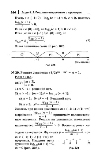 264 1 Раздел 11. 2. Показательные уравнения с параметром
Пусть с Е (-1; 0): log5 (с+ 1) <О, с< О, поэтому
log5 (с+ 1)
---->0.
с
Если с Е (О; +=),то log5 (с+ 1) >О и с> О.
Итак, если с Е (-1; О) U (О;+=), то
log5 (с+ 1)
Х1 2= ±. с
Ответ запишите сами по рис. 325.
~(*)~
(*)
(*)
..-1 о с
(ось ответа)
Рис. 325
М 29. Решите уравнение (1/2)<m -1)х
2
=т+ 1.
Решение.
ООУ: {тЕ R,
ХЕ R.
1) т< -1: решений нет.
2) т> -1: (т- 1)х2
= log112 (т+ 1):
а) т= 1: О· х2
= -1. Решений нет;
•
2
_ log112 (т + 1)
б) т::F-1. х -
1
.
т-
Узнаем, при каких значениях т Е (-1; 1) U (1; +=)
log112 (т+ 1)
выражение т _
1
принимает положитель-
ные значения. Решим на указанном множестве
log112 (т+ 1)
неравенство
1
> О. Воспользуемся ме-
т-
log112 (т+ 1)
тодом интервалов. Функция у=
1
при
т-
т Е (-1; 1) U (1; +=) не-
прерывна. Находим нули ~
функции:lоg112 (т+1)=0, -1 О 1 т
т= О (рис. 326). Рис. 326
 