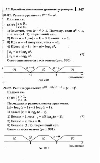 2.2. П остейшие показательные 267
~Н- 31. Решите уравнение 2lx- ai = а2.
Решение.
OOY:{aER,
ХЕ R.
1) Заметим, что 2ix- ai ~ 1. Поэтому, если а2 < 1,
т. е. а Е (-1; 1), то решений нет.
2) Если а= 1, то Jx -11 =О. Значит, х = 1.
, 3) При а= -1 получим, что х = -1.
4) Пусть JaJ > 1: Jx- aJ = log2 а2
,
[
х1 =а+ log2 а2
,
х2 =а -log2
а2• (*)
Ответ списывается с оси ответа (рис. 330).
(*)
-1 1
Рнс. 330
(*)
"'а
(ось ответа)
Н- 32. Решите уравнение 2Jxl-log2 (с- l) =(с- 1)2.
Решение.
ООУ: {с> 1•
ХЕ R.
Переходим к равносильному уравнению
Jxj-log2 (с- 1) = 2 log2 (с- 1).
И далее: JxJ = 3log2 (с- 1).
1) Если с> 2, то х1, 2 = ±3log2 (с- 1).
2) Если с= 2, то х =О.
3) Если с Е (1; 2), то решений нет.
Заполним ось ответа (рис. 331).
~ g
~1 2
Рнс. 331
(*)
(*)
•с
(ось ответа)
 