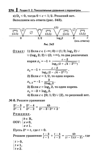 276 1 Раздел 11. 2. Покаэательные уравнения с nараметром
в) D1 <О, тогда О< с< 1/2. Решений нет.
Заполняем ось ответа (рис. 343).
(**)
(дМ
(**)
(д д)
о 1/2 2 с
(ось ответа)
Рнс. 343
Ответ: 1) Если с Е (-оо; О) U (1/2; log3 2) U
U (log3 2; 2) U (2; +оо), то два различных
· с-2
корня х = -1 + -----=.---;====-
1 log3 (2 + J4- 21ic)
с-2
х2 = -1 + :-----;==.~
log3 (2 - J4- 2 1/с)
2) Если с= 1/2, то один корень
3
х12=-1-21 2", оgз
3) Если с= log3 2, то один корень
х 1 = -3 + log3 2.
4) Если с Е [О; 1/2) U {2}, то решений нет.
М 6. Решите уравнение
2х - 3 + 2х - 4 = 4Ь
2Х - 1 2Х - 2 2Х - 3 • 2Х + 2
Решение.
ЬЕ R,
ООУ: x:;t:O,
x:;t: 1.
Пусть 2х = t, где t >О.
t- 3 t- 4 4Ь
Решаем уравнение t _ 1 + t _ 2 = (t _
1)(t _ 2), где
t>O,
t :;t: 1,
t :;t: 2.
 