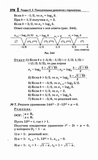 278 1 Раздел 11. 2. Показательные уравнения с параметром
Если Ь = -1/2, то х1 = log2 3.
При Ь = 1/2 получим х 1 = 2.
Если Ь = 5/2, то х1 = log2 5.
Ответ списывается с оси ответа (рис. 344).
Х1,2 = log2 (5/2) х1 = log2 3 х
1 = 2 х1 = log2 5
g 1(*), (**)1(*), (**)j(*), (**)/,----(*-)- ..
-5/8 -1/2 1/2 5/2 ь
(ось ответа)
Рнс. 344
Ответ :1) Если Ь Е (-5/8; -1/2) U (-1/2; 1/2) U
U (1/2; 5/2), то два корня
5 + J5 + 8Ь · 5 - J5 + 8Ь
х1 = log2 .
2
; х2 = log2 2
.
5 + j5 + 8Ь
2) Если Ь >5/2, то х 1 = log2 2
·
3) Если Ь = -5/8, то х1, 2 = log2 5/2.
4) Если Ь = -1/2, то х 1 = log2 3.
5) Если Ь = 1/2, то х1 = 2.
6) Если Ь = 5/2, то х1 = log2 5.
7) Если Ь < -5/8, то решений нет.
М 7. Решите уравнение 1441xl_ 2 •121xl +а= О.
Решение.
ООУ: {а Е R,
ХЕ R.
Пусть 12lxl = t, где t;;;. 1.
Получим квадратное уравнение t 2 - 2t + а = О,
у которого D1 = 1 - а.
1) а> 1: решений нет.
2)а=1: t 1, 2 =1,121xl=1,x1, 2 =0.
3)а<1: t 1 =1- ~,t2 = 1 + ~.
 