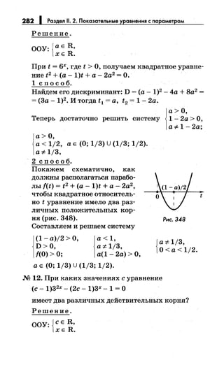282 .• Раздел 11. 2. Показательные уравнения с параметром
Решение.
ООУ: {а Е R,
ХЕ R.
При t = бх, где t >О, получаем квадратное уравне­
ние t2 +(а- 1)t +а- 2а2
=О.
1 сп о с о б.
Найдем его дискриминант: D =(а- 1)2 - 4а + 8а2
=
=(За- 1)2• И тогда t 1 =а, t2 = 1- 2а.
~
а> О,
Теперь достаточно решить систему 1 - 2а > О,
а ;;~:.1- 2а;
~
а> О,
· а< 1/2, а Е (О; 1/3) U (1/3; 1/2).
а::/:.1/3,
2 сп о с о б.
Покажем схематично, как
должны располагаться парабо­
лы f(t) = t2 +(а -1)t +а- 2а2
,
чтобы квадратное относитель­
но t уравнение имело два раз­
личных положительных кор­
ня (рис. 348).
Составляем и решаем систему
~
(1- а)/2 >О, 1а< 1,
D> О, а::/:.1/3,
f(O) >О; а(1- 2а) >О,
а Е (О; 1/3) u (1/3; 1/2).
Рнс. 348
{
а::/:.1/3,
О<а< 1/2.
М 12. При каких значениях с уравнение
(с- 1)32
х- (2с- 1)3х- 1 =О
имеет два различных действительных корня?
Решение.
ООУ: {СЕ R,
ХЕ R.
t
 