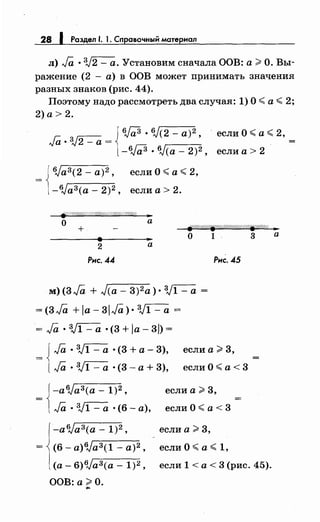 28 1 Раздел 1. 1. Сnравочный матермал
л) Ja ·3J2- а. Установим сначала ООВ: а;;;;: О. Вы­
ражение (2 - а) в ООВ может принимать значения
разных знаков (рис. 44).
Поэтому надо рассмотреть два случая: 1) О< а< 2;
2) а> 2.
6Ja3 ·6J(2 - а)2 , если О <а <2,
Ja ·3J2- а=
-6Ja3 ·6J(a- 2)2, если а> 2
6Ja3(2- а)2 , если О< а< 2,
-6Ja3(a- 2)2, если а> 2.
F'//1////////////////////////////////Л: ...
О а
+ ~/!/!/Л:?'~/Ш///////ЛЛ//4j<УФ"'А :11'
О 1 3 а
2
Рнс. 44
а
м)(3Jй, + J(a- 3)2а) • 3J1- а =
= (3J0, + la- 3IJa) • 3J1- а =
= Ja ·3J1- а · (3 + la- 31) =
Рнс. 45
Ja · 3J1 - а • (3 +а- 3), если а;;;;: 3,
Ja •3J1 - а • (3 - а + 3), если О <а < 3
-a6Ja3(a- 1)2 , если а;;;;: 3,
Ja · ~ ·(6 - а), если О <а < 3
-a6Ja3(a- 1)2 , если а;;;;: 3,
(6- a)6Ja3(1- а)2 , если О< а< 1,
(а- 6)б,Jа3(а- 1)2, если 1 <а< 3 (рис. 45).
ООВ:а):О...
 