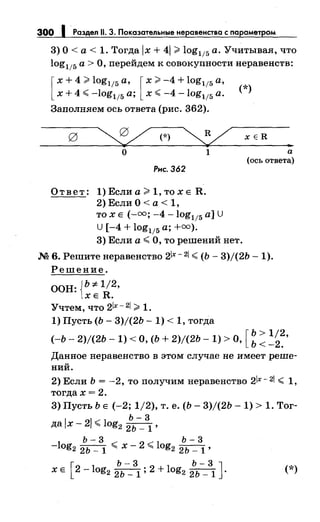 300 1.Раздел 11. 3. Показательные неравенства с параметром
3) О< а< 1. Тогда lx + 41;;;;. log115 а. Учитывая, что
log115 а> О, перейдем к совокупности неравенств:
[
х + 4;;;;. log115 а, [ х;;;;. -4 + log115 а, (*)
х + 4 ~ -log115 а; х ~ -4 -log115 а.
Заполняем ось ответа (рис. 362).
~(*) xER
..о 1 а
(ось ответа)
Рнс. 362
О т в е т : 1) Если а ;;;;. 1, то х Е R.
2)Если0<а<1,
то х Е (-=; -4 -log115 а] U
U [-4 + log115 а;+=).
3) Если а~ О, то решений нет.
.М 6. Решитенеравенство 21х- 21 ~ (Ь- 3)/(2Ь -1).
Решение.
ООН: JЬ :;t 1/2,
1хЕ R.
Учтем, что 21х-21;;;;. 1.
1) Пусть (Ь- 3)/(2Ь- 1) < 1, тогда
(-Ь- 2)/(2Ь- 1) <О, (Ь + 2)/(2Ь- 1) >О, [ ~: =~~·
Данное неравенство в этом случае не имеет реше­
ний.
2) Если Ь = -2, то получимнеравенство 21х-21 ~ 1,
тогда х = 2.
3) Пусть Ь Е (-2; 1/2), т. е. (Ь- 3)/(2Ь- 1) > 1. Тог-
1 1
ь- 3
да х- 2 ~ log2 2Ь _
1 ,
Ь-3 Ь-3
-log2 2Ь- 1 ~ х- 2 ~ log2 2Ь- 1 '
[
Ь-3 Ь-3]
х Е 2 - log2 2Ь _
1 ; 2 + log2 2ь _1 . (*)
 