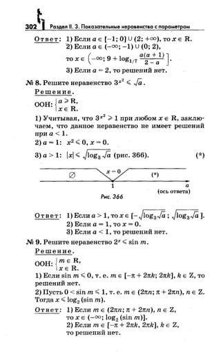 t,302 1 Раздел 11. 3. Показательные неравенства с пара~етром
Ответ: 1) Если а Е [-1; О] U(2; +=),то х Е R.
-2) Если а Е (-=; -1) U (О; 2),
(
а(а+ 1) Jто х Е -=; 9 + log117 2 _ а .
3) Если а= 2, то решений нет.
М 8. Решите неравенство 3х
2
~ Ja.
Решение.
ООН: {a~R,
ХЕ R.
1) Учитывая, что 3Х
2
~ 1 при любомхЕ R, заклю­
чаем, что данное неравенство не имеет решений
при а< 1.
2) а= 1: х2
~О, х =О.
3) а> 1: lxl ~ Jlog3 Ja (рис. 366).
1
Рнс. 366
(*)
..а
(ось ответа)
(*)
Ответ: 1)Еслиа> 1,тохЕ [-Jlog3 JO,; Jlog3 JO,].
2) Если а= 1, то х =О.
3) Если а< 1, то решений нет.
М 9. Решите неравенство 2х ~ sin т.
Решение.
ООН: {тЕ R,
ХЕ R.
1) Если sin т~ О, т. е. т Е [-1t + 2nk; 2nk], k Е Z, то
решений нет.
2) Пусть О< sin т~ 1, т. е. т Е (2nn; 1t + 2nn), n Е Z.
Тогда х ~ log2 (sin т).
Ответ: 1) Если т Е (2nn; 1t + 2nn), n Е Z,
то х Е (-=; log2 (sin т)].
2) Если т Е [-n + 2nk, 2nk], k Е Z,
то решений нет.
 