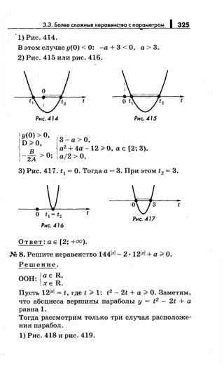 1) Рис. 414.
В этом случае у(О) < 0: -а + 3 < О, а > 3.
2) Рис. 415 или рис. 416.
Рнс. 4 J.4
у(О) >О,
D~O,
в
-2А >О;
t
Рнс. .4 J5
3- а> о;
а2
+ 4а- 12 ~ 0, а Е [2; 3).
aj2 >О,
325
t
3) Рис. 417. t1 =О. Тогда а= 3. При этом t2 = 3.
v ..t
• ..t
Рнс. 417
Рнс. .4 J6
Ответ: а Е [2; +оо).
.N2 8. Решитенеравенство 144/х/_ 2 • 121х1 +а~ О.
Решение.
ООН: {а Е R,
ХЕ R.
Пусть 12х = t, где t ~ 1: t2 - 2t +а~ О. Заметим,
что абсцисса вершины параболы у = t2 - 2t + а
равна 1.
Тогда рассмотрим только три случая расположе­
ния парабол.
1) Рис. 418 и рис. 419.
 