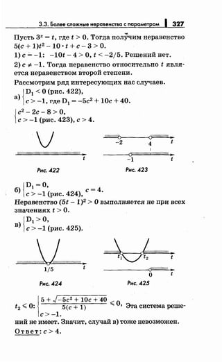 3.3. Более сложныенеравенства с параметром 1327
Пусть 3х = t, где t >О. Тогда получимнеравенство
5(с + 1)t2 - 1о .t + с - 3 > о.
1) с~ -1: -lOt- 4 >О, t < -2/5. Решений нет.
2) с *-1. Тогда нер_авенство относительно t явля­
ется неравенством второй степени.
Рассмотрим ряд интересующих нас случаев.
JD1 < О (рис. 422),
а) 1с> -1, где D1 = -5с2 + lOc + 40.
{
с2
- 2с- 8 > О,
с> -1 (рис. 423), с> 4.
vW//////////////////////////////////////////////4 ..
t
Рис. 422
{
D1 =О,
б с=4
) с> -1 (рис. 424), ·
~
-2 4 t
1
----<(5:!/////////////.//////!/////Д )1
-1 t
Рнс. 423
Неравенство (5t -1)2 >О выполняется не при всех
значениях t >О.
JD1 >О,
в) 1с> -1 (рис. 425).
t
--------<(f"/////J////{ ..
о t
Рнс.424 Рнс. 425
1
5 + ,J-5c2 + lOc + 40
t2~0: 5(c+l)
с>-1.
~ О, Эта система реше-
ний не имеет. Значит, случай в) тоже невозможен.
Ответ: с> 4.
 