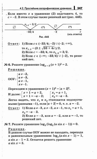 4.2. Простейшие логарифмические уравнения 1 347
_Если вместо х в уравнение (2) поДставить 4, то
с= -2. В этом случае также решений нет (рис. 446).
~ -(*) (*)
..
-33/4 -2 с
(ось ответа)
Рис. 446
Ответ: 1) Если с Е (-33/4; -2) U(-2; +=),
то xl, 2 = (3 ± J33 + 4с )/2.
2) Если с= -33/4, то х1, 2 = 3/2.
3) Если с Е (-=; -33/4) U {-2}, то реше­
ний нет.
М 6. Решите уравнение logla+ 2l(х + 1)2 = 2.
Решение.
ООУ: j:==~:а-:;:. -1,
Х"#-1.
Переходим к уравнению (х + 1)2 = la + 212•
и [
х + 1 =а+ 2, [ х1 =а+ 1,далее:
х + 1 =-а- 2; х2 =-а- 3.
Легко видеть, что х1 и х2 становятся недопусти­
мыми (равными -1), если la + 21 =О, т. е. а= -2.
О т в е т : 1) Если а -:;:. -3, а -:;:. -2, а -:;:. -1, то х1 = а + 1,
х2 =-а- 3.
2) Если а= -3, или а= -2, или а= -1, то
решений нет.
М 7. Решите уравнение log3 (log2 (а sin х- 1)) =О.
Решение.
В данном случае ООУ можно не находить, переходя
к равносильным уравнениям: log2 (а sin х - 1) = 1,
а sin х -1 = 2. Остается решить уравнение
а sin х = 3.
 