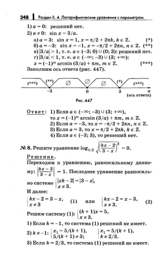 348 1 РозДел 11. .4. Логарифмические уравнения с порометром
1) а= 0: решений нет.
2) а-::;:. 0: sin х = 3/а.
а) а= 3: sin х = 1, х = n/2 + 2nk, k Е Z. (*)
б) а= -3: sin х = -1, х = -n/2 + 2nn, n Е Z. (**)
в) 13/al > 1, т. е. а Е (-3; О) U (О; 3): решений нет.
г) 13/al < 1, т. е. а Е (-=; -3) U (3; +=):
х = (-1)m arcsin (3/а) + пт, т Е Z. (***)
Заполним ось ответа (рис. 447).
(***)
~ g
~ g
~ (***)
..
-3 о 3 а
(ось ответа)
Рис. 447
Ответ: 1) Если а Е (-=; -3) U (3; +=),
то х = (-1)m arcsin (3/а) + пт, т Е Z.
2) Если а = -3, то х = -n/2 + 2nn, n Е Z.
3) Если а= 3, то х = n/2 + 2nk, k Е Z.
4) Если а Е (-3; 3), то решений нет.
~.М 8. Решите уравнение log112 ~~з=х-J =О.
Решение.
Переходим к уравнению, равносильному данно-
му: k;_-х2
 = 1. Последнее уравнение равносиль­
но системе Jlxk- 21= 13 - xl,
)х-::;:.3.
И далее:
jkx-2=3-x, (1) или jkx-2=x-3, (2)
)х-::;:.3 )х-::;:.3.
Решим систему (1): {(k +
3
1 >х = 5,
х-::;:. •
1) Если k = -1, то система (1) решений не имеет.
2) k-::;:. _1: Jх1 = 5/(k + 1), {х1 = 5/(k + 1),
l5/(k+1)-:;:.3; k-::;:.2j3.
3) Если k = 2/3, то система (1) решений не имеет.
 