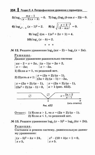 354 1 Раздел 11. 4. Логарифмические уравнения с параметром
mx-l
5) log5 (х _
2)(х + З) =О. 7) log2 (log3 (Ь cos х- 2)) =О.
6) loga2 _
4
(х- 1)2 = 2.
9) log~ ((т- 1)х2
+ 2х + 1) = 4.
10) logx (х- Ь) = 2.
* * *
.М 12. Решите уравнение log3 (ах- 2) = log3 (х + 2а).
Решение.
Данное уравнение равносильно системе
j ах- 2 = х + 2а, j (а- 1)х = 2а + 2,
1х > -2а; 1х > -2а.
1) Если а = 1, то решений нет.
J х = (2а + 2)/(а- 1),
2) Пусть а"# 1: 1(2а + 2)/(а -1) > -2а,
J х = (2а + 2)/(а- 1), Jх = (2а + 2)/(а- 1),
1(2а2 + 2)/(а- 1) >О, 1а> 1 (рис. 452).
2а + 2
х=--
а-1
..1
Рис. 452
а
(ось ответа)
Ответ: 1) Если а> 1, то х = (2а + 2)/(а- 1).
2) Если а< 1, то решений нет .
.М 13. Решите уравнение log3 (х- 5)2 = log3 (kx + 24).
Решение.
Составим и решим систему, равносильную данно­
му уравнению:
{
(х- 5)2 = kx + 24,
х "# 5, {
х2 - (1О + k )х + 1 = О,
х "# 5.
 