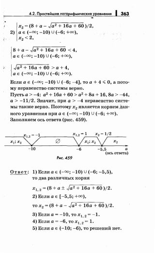 4.2. Простеitшне логарнфмнческне уравнения 1363
j
х2 = (8 +а- Ja2 + 16а + 60 )/2,
2) а Е (-оо; -10) U (-6; +оо),
х2 < 2,
{
8 +а- Ja2+ 16а + 60 < 4,
а Е (-оо; -10) U (-6; +оо),
{
Jа2 + 16а + 60 > а + 4,
а Е (-оо; -10) U (-6; +оо).
Если а Е. (-оо; -10) U (-6; -4], то а+ 4 <О, а пото­
мунеравенство системы верно.
Пусть а> -4: а2
+ 16а + 60 > а2
+ 8а + 16, 8а > -44,
а> -11/2. Значит, при а> -4 неравенство систе­
мы также верно. Поэтому х2 является корнем Дан­
ногоуравнения при а Е (-оо; -10) U (-6; +=).
Заполняем ось ответа (рис. 459).
х1 2 = -1 xl 2 = 1 х2 = 1/2
--х--1;-х-2~~~----------~~~-х-2---.
-10 -6 -5,5 а
(ось ответа)
Рнс. 459
Ответ: 1) Если а Е (-оо; -10) U (-6; -5,5),
то два различных корня
х1, 2 = (8 +а± Ja2 + 16а + 60 )/2.
2) Если а Е [ -5,5;· +оо),
то х2 = (8 +а- Ja2 + 16а + 60 )/2.
3) Если а= -10, то х 1, 2 = -1.
4) Если а= -6, то х1, 2 = 1.
5) Если а Е (-10; -6), то решений нет.
 