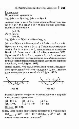 4.2. Простейшие логарифмические уравнения 1 365
Решение.
По условию уравнение
loga (sin х + 2) + loga (sin х + 3) = 1
должно иметь хотя бы один корень. Заметим, что
sin х + 2 > О и sin х + -з > О для любых действи-
тельных значений х.
а>О,
ООУ: a=F-1,
XER.
loga ((sin i + 2)(sin х + 3)) = loga а,
(sin х + 2)(sin х + 3) =а, sin2 х + 5 sin х + 6- а= О.
Пусть sin х = t, где t Е [-1; 1]. Тогда получим урав­
нение t2 + 5t + 6- а= О, дискриминант которого
D = 4а + 1. Заметим, что 4а + 1 >О при всех а Е ООУ.
Функция t2 + 5t + 6- а, где а> О, а =F- 1, задает се­
мейство парабол, иерееекающих ось абсцисс в двух
точках (ветви направлены вверх). Абсцисса вершин
парабол t0 = -2,5 (рис. 461).
Легко видеть, что только больший корень квадрат­
ного трехчлена t 2 + 5t + 6- а, где а> О, а =F-1, может
удовлетворять условию -1 <t <1 (рис. 462).
_ -2,5 -1 LJ
Рис. .461 Рис. .462
Воспользуемся теоремой о расположении корней
квадратного трехчлена:
1
f(-1) <О, j 2 - а <О,
f( 1) >О,  12 - а >О,
Ответ: [2; 12].
)а> 2,
а< 12.
М 22. При каких значениях параметра а уравнение
logJax _ 6
(2х2
- 3х + 2) = 2 logax _6 (х2
+ 2х - 4)
имеет единственное решение?
 