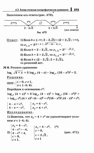 4.3. Более сложные логарнфмическне уравнения 1373
Заполняем ось ответа (рис. 470).
(***) (***)
2-2J2-
Рнс. 470
2+ 2J2 ь
(ось ответа)
Ответ: 1)ЕслиЬЕ (-oo;2-2J2)U(2+2J2;+oo),
то xl, 2 = 3<2 + ь ± Jь2- 4Ь- 4)/4.
2) Если Ь = 2- 2J2, то х1, 2 = 31- J2;2.
3) Если Ь = 2 + 2J2, то х1, 2 = 31 + J2! 2.
4) Если Ь Е (2- 2J2; 2 + 2J2),
то решений нет.
М 8. Решите уравнение
logc J4 + х + 3 logc2 (4- х)- logc4 (16- х2)2 = 2.
Решение.
ООУ: {с>О,с_:1,
Х Е (-4, 4).
Перейдем к основанию с4
:
log 4 (4 + х)2
+ 3 log 4 (4- х)2
= log 4 (16- х2
)2
+с с с
+ logc4 сВ; (4 + х)2 • (4- х)6
= cB(l6- х2)2; (4- х)4 =сВ;
[
4 -х= с2
,
4- х = -с2
,
Исследование.
1) Заметим, что х2 = 4 + с2
не удовлетворяет усло­
вию Х Е (-4; 4).
х1 =4-с2
,
4- с2
> -4,
2) 4- с2 < 4,
с> о,
с 7:-1,
х1 =4-с2
, (*)
с>О,
с< 2J2'
с-:~:-1
(рис. 471).
 