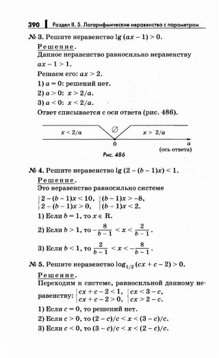 390 1 Раздел 11. 5. Логарифмические неравенства с параметром
М 3. Решитенеравенство lg (ах -1) >О.
Решение.
Данное неравенство равносильно неравенству
ах -1 > 1.
Решаем его: ах> 2.
1) а= 0: решений нет.
2) а> 0: х > 2ja.
3)а<О: x<2ja.
Ответ списывается с оси ответа (рис. 486).
х < 2/а х> 2/а
..
о
Рнс. 486
а
(ось ответа)
М 4. Решитенеравенство lg (2- (Ь- 1)х) < 1.
Решение.
Это неравенство равносильно системе
j
2- (Ь- 1)х < 10, j(Ь- 1)х > -8,
2- (Ь- 1)х >О, (Ь- 1)х < 2,
1) Если Ь = 1, то х Е R.
8 2
2) Если Ь > 1, то- Ь _
1 < х < Ь _
1 .
2 8
3) Если Ь < 1, то Ь _
1 < х < - Ь _
1 .
М 5. Решитенеравенство log112 (сх +с- 2) >О.
Решение.
Переходим к системе, равносильной данному не-
Jсх +с- 2 < 1, J сх < 3- с,
равенству: 1сх +с- 2 >О, 1сх > 2- с.
1) Если с= О, то решений нет.
2) Если с> О, то (2- с)/с< х < (3- с)/с.
3) Если с< О, то (3- c)jc < х < (2- c)jc.
 
