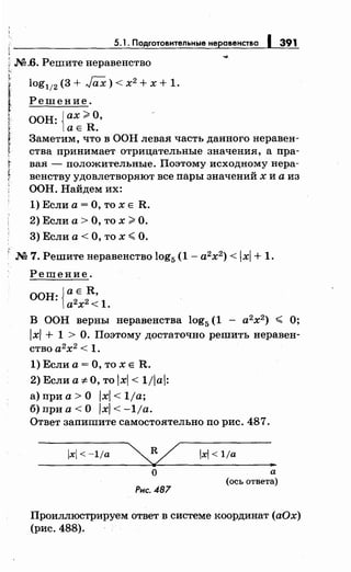 1 ~·----------------5~-~l~·~П~од~г~о~то~в~и~те~л=ьн~ь~•е~н~еiр~а=ве~н~с~тв~а~I~З~9~1(
; М .6. Решите неравенство
f;
Решение.
ООН: Jax>O,
taE R.
Заметим, что в ООН левая часть данного неравен­
ства принимает отрицательные значения, а пра­
вая- положительные. Поэтому исходному нера­
венству удовлетворяют все пары значений х и а из
ООН. Найдем их:
1) Если а= О, то х Е R.
2) Если а> О, то х >О.
3) Если а < О, то х >( О.
М 7. Решитенеравенство log5 (1- а2
х2
) < х + 1.
Решение.
ООН: J.a Е R,
1а2
х2
<1.
В ООН верны неравенства log5 (1 - а2
х2
) >( О;
х + 1 >О. Поэтому достаточно решить неравен­
ство а2
х2
< 1.
1) Если а= О, то х Е R.
2) Если а* О, то х < 1/а:
а) при а> О х < 1/а;
б) при а< О х < -1/а.
Ответ запишите самостоятельно по рис. 487.
lxl < -lja
о
Рис. 487
lxl < lfa
а
(ось ответа)
Проиллюстрируем ответ в системе координат (аОх)
(рис. 488).
 