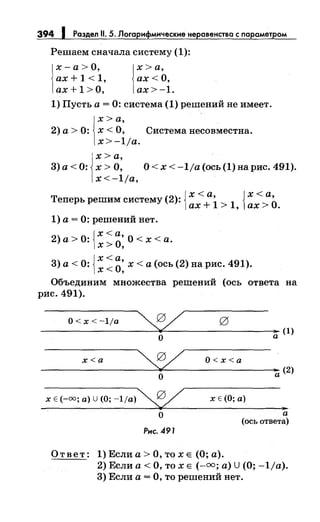 394 J Раздел 11. 5. Логарифмические неравенства с параметром
Решаем сначала систему (1):
х-а>О,
ах+1<1,
ах+ 1 >0,
х>а,
ах<О,
ах>-1.
1) Пусть а= 0: система (1) решений не имеет.
j
x >а,
2) а> 0: х < О, Система несовместна.
x>-1ja.
З)а<О: х>О, О<х<-1jа(ось(1)нарис.491).
j
x>a,
x<-1ja,
{ х<а {х<а
Теперь решим систему (2): +
1
'
1
о'
ах > , ах> .
1) а= 0: решений нет.
2) {
х <а,
а> 0:
0
О < х <а.
х> '
{
х<а
3) а< 0: х <о: х <а (ось (2) на рис. 491).
Объединим множества решений (ось ответа на
рис. 491).
О<х<-1/а ""'- 0 /
----------------~--40~-----------------~ (1)
х<а О<х<а
~--------------------~0~-------------------~(2)
х Е (-оо; а) U (О; -1/а)~
. о
Рнс. 491
х Е (О; а)
"а
(ось ответа)
Ответ: 1) Если а> О, то х Е (О; а).
2) Если а< О, то х Е (-=;а) u (О; -1/а).
3) Если а= О, то решений нет.
 
