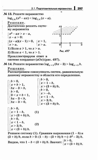 5.1. Подготовительные неравенства 1 397
М 13. Решите неравенство
log111t (х2
- ах)< log111t (х-а).
Решение.
Достаточно решить сиете­
му неравенств
J х2
- ах > х - а,
1х-а > 0:
j (х- а)(х- 1) >О,
)х>а,
Jx> 1,
)х>а.
1) Если а ;;:;, 1, то х > а.
2) Если а< 1, то х > 1.
Проиллюстрируем ответ в
х
о 1
Рмс• .497
системе координат (аОх) (рис. 497).
а
.М 14. Решите неравенство logx + ь (Ьх - 3) > logx + ь Ь.
Решение.
Рассматриваем совокупность систем, равносильную
данномунеравенству в области его определения.
ь >о,
х + ь > 1,
Ьх- 3 > Ь,
Ь>О,
О<х+Ь<1,
Ьх-3 <Ь,
Ьх- 3 >О,
ь >о,
х > 1- ь,
х > (3 + b)jb,
Ь>О,
х < 1- ь,
х > 3jb,
х < (3 + b)jb.
(1)
(2)
Ь>О,
х > 1- ь,
х > (3 + b)jb,
Ь>О,
х>-Ь,
х< 1- Ь,
х > 3/Ь,
х < (3 + b)jb,
Решаем систему (1). Сравним выражения (1- Ь) и
(3 + b)jb, если Ь > 0: (1- Ь)- (3 + Ь)/Ь = (-Ь2
- 3)/Ь.
Видим, что 1 - Ь < (3 + b)jb. Значит: j~: ~3 + b)jb.
 
