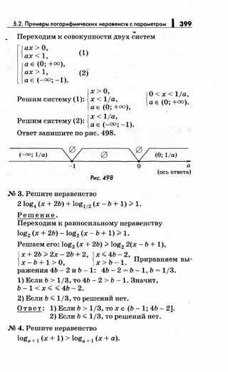 5.2. Примеры логарифмическихнеравенств с параметром 1 399
Переходим к совокупности двух ;истем
{ ах> О, (
1
)
ах< 1,
1
а Е (0; +.=),
ах> 1,
а Е (-оо; -1).
(2)
l
x >О,
Решим систему (1): х < 1/а,
а Е (О; +оо),
jx<1ja,
Решим систему (2):
1а Е(-=; _ 1).
Ответ запишите по рис. 498.
(-оо; 1/а)
-1
Рис. 498
М 3. Решите неравенство
о
2log4 (х + 2Ь) + log112 (х- Ь + 1) >1.
Решение.
JO<x<1ja,
1а Е (О;+=).
(О; 1/а)
а
(ось ответа)
Переходим к равносильному неравенству
log2 (х + 2Ь) -log2 (х- Ь + 1) >1.
Решаем его: log2 (х + 2Ь) >log2 2(х- Ь + 1),
Jх + 2Ь >2х- 2Ь + 2, {х <4Ь- 2,
1х- Ь + 1 >о, х > ь _1. Приравняем вы-
ражения 4Ь- 2 и Ь -1: 4Ь- 2 = Ь -1, Ь = 1/3.
1) Если Ь > 1/3, то 4Ь- 2 > Ь -1. Значит,
Ь - 1 < х < <4Ь - 2.
2) Если Ь <1/3, то решений нет.
Ответ: 1) Если Ь > 1/3, то х Е (Ь- 1; 4Ь- 2].
2) Если Ь <1/3, то решений нет.
М 4. Решите неравенство
loga+ 1 (х + 1) > loga+l (х +а).
 