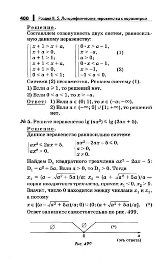 400 1 Раздел 11. 5. Логарифмические неравенства с параметром
Решение.
Составляем совокупность двух систем, равносиль­
ную данному неравенству:
х+ 1 >х+а, О·х>а-1,
х+а>О, х>-а, (1)
а+ 1 > 1; а>О;
х + 1 < х +а, jO•x<a-l,
х + 1 >о, х> -1, (2)
О< а+ 1 < 1; -1<а<О.
Система (2) несовместна. Решаем систему (1).
1) Если а ;;;. 1, то решений нет.
2) Если О< а< 1, то х >-а.
Ответ: 1) Если а Е (О; 1), то х Е (-а;+=).
2) Если а Е (-=;О] U [1; +=),то решений
нет .
.N2 5. Решитенеравенство lg (ах2) <lg (2ах + 5).
Решение.
Данное неравенство равносильно системе
{
ах2 < 2ах + 5, jах
2
- 2ах- 5 <О,
ах2> О, а> О,
х;еО.
Найдем D1 квадратного трехчлена ах2
- 2ах- 5:
D1 = а2
+ 5а. Если а > О, то D1 > О. Тогда
х
1 = (а - Ja2 + 5а )ja; х
2 = (а + J.-a:::-2_+_5_а )ja-
корни квадратного трехчлена, причем х1 <О, х2 >О.
Значит, число О находится между числами х1 и х2,
а потому
х Е [(а- J.-a:::-2-+-5-a)ja; О) U (О; (а+ Ja 2 + 5a)ja]. (*)
Ответ запишите самостоятельно по рис. 499.
g
~ (*)
..о а
Рис. 499
(ось ответа)
 