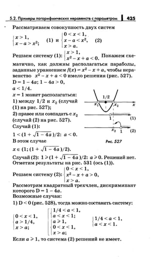 425
Рассматриваем совокупность двух систем
j
0<x<1,
{ х> 1
, (1) и х-а<х2, (2)
х-а> х2
;
х>а.
{
х > 1,
Решаем систему (1): х2 _ х +а< О. Покажем схе-
матично, как должны располагаться параболы,
заданные уравнением f(x) = х2
- х +а, чтобы нера­
венство х2
- х +а < О имело решения (рис. 527).
D = 1 - 4а; 1 - 4а > О,
а< 1/4.
х = 1 может располагаться:
1) между 1/2 и х2 (случай
(1) на рис. 527);
2) правее или совпадать с х2
(случай (2) на рис. 527).
Случай (1):
1 < (1 + J1 - 4а )/2: а< О.
В этом случае
х Е (1; (1 + J1 - 4а )/2).
х
1
--------~оЖ#«««fi/Ш/~
1 : (1)
_ ____._:~
Х2 1 (2)
Рнс. 527
Случай (2): 1 ;;;, (1 + J1 - 4а )/2: а;;;, О. Решений нет.
Отметим результаты на рис. 531 (ось (1)).
1
0<х<1,
Решаем систему (2): х2- х + а> О,
х>а.
Рассмотрим квадратный трехчлен, дискриминант
которого D = 1 - 4а.
Возможные случаи:
1) D <О (рис. 528), тогда можно составить систему:
{
1/4<а<1,
О<х<1, а<х<1;
а> 1/4, а;;;, 1,
х>а; О<х<1,
х>а;
{
1/4<а<1,
а< х < 1.
Если а;;;, 1, то система (2) решений не имеет.
 