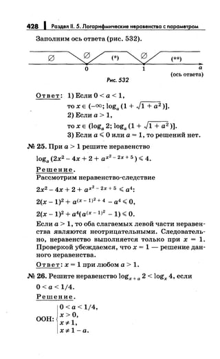 428 1 Раздел 11. 5. Логарнфмнческне неравенства с параметром
Заполним ось ответа (рис. 532).
~(*)~ (**)
..
о 1 а
(ось ответа)
Рнс. 532
О т в е т: 1) Если О < а < 1,
то х Е (-оо; loga (1 + л/1 + а2 )].
2)Еслиа > 1,
то х Е (loga 2; loga (1 + л/1 + а2 )].
3) Если а";; О или а= 1, то решений нет.
М 25. При а > 1 решите перавеяство
loga (2х2 - 4х + 2 + ах
2
- 2х + 5) ";; 4.
Решение.
Рассмотрим перавенетво-следствие
2х2 - 4х + 2 + ах2- 2х + 5 ";; а4:
2(х- 1)2 + а(х- 1)2 + 4 - а4 ";;О,
2(х- 1)2 + а4(а(х - 1)
2
-1) ";;О.
Если а> 1, то оба слагаемых левой части перавея­
ства являются неотрицательными. Следователь­
но, неравенство выполняется только при х = 1.
Проверкой убеждаемся, что х = 1 - решение дан­
ного неравенства.
Ответ: х = 1 при любом а> 1.
М 26. Решите перавеяство logx +а 2 < logx 4, если
О< а< 1/4.
Решение.
O<a<1j4,
х>О,
х:;е1,
ООН:
х;е 1-а.
 