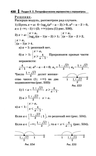 430 1 Раздел 11. 5. Логарифмические неравенства с параметром
Решение.
Раскрыв модуль, рассмотрим ряд случаев.
1) Пусть х =а: О •log2 (а2
- а- 2) >О, а2
- а- 2 >О,
а Е (-=; -1) U (2; +=)(ось (1) рис. 536).
) х>а·2 {
х > а, {х > а,
· log2 ((а- 1)х- 2) >1; (а -1)х- 2 >2,
jx>a,
)(а-1)х >4.
а) а= 1: решений нет.
j
x>a,
б) а> 1: 2
4 Приравняем правые части
х"' а-1 ·
неравенств:
4 - . 2 - • _1- JI7. _1 + ща _
1
-а, а -а- 4- О, а1 -
2
, а2 -
2
.
1+JI7 .
Число
2
делит множе-
ство чисел (1; +=) на два
подмножества (рис. 533):
1+JI7 4
1) 1 <а<
2 : х >а_
1.
1+JI72) а>
2
: х >а.
j
x>a,
в)а<1: ,;;:: 4
. х"" а -1 ·
~-1 1+JI7 а
2
Рнс. 533
[ 1-Щ )Если а Е
2
; 1 , то решений нет (рис. 534).
(
1-Щ) 4Если а Е -оо;
2
, то а< х < а_
1
(рис. 534).
~,___--..
1-М 1 а
~1 l+JП а
2 2
Рнс. 534 Рнс. 535
 